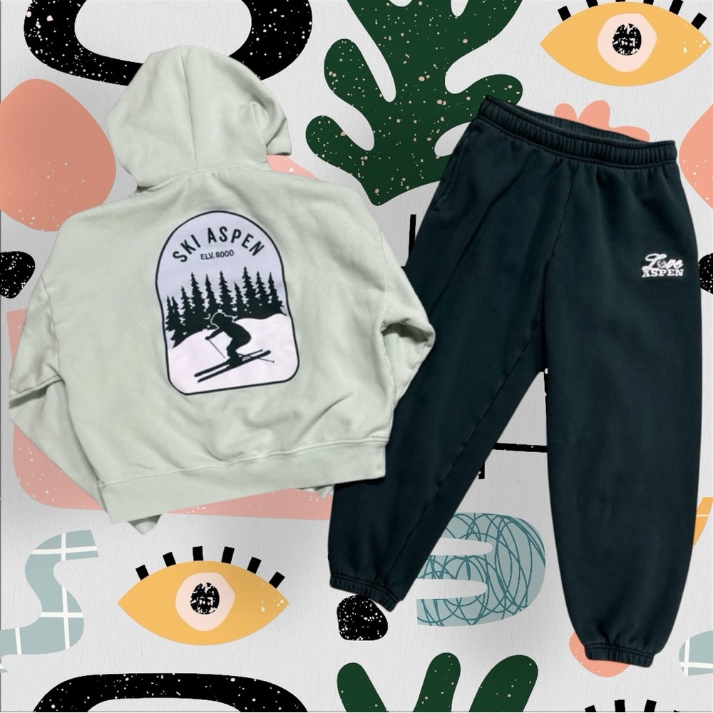 VS PINK | 2 Piece Green Aspen Embroidered Hoodie and Ankle Sweatpants Lounge Set